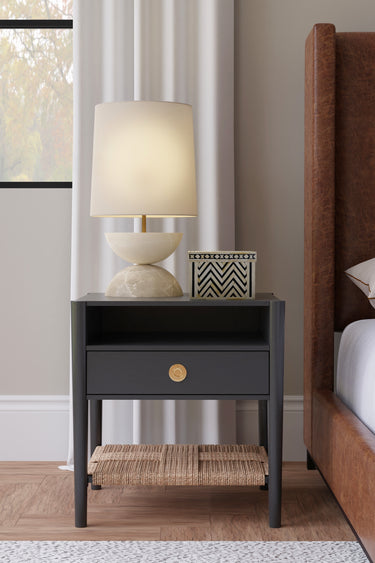 Cleo One Drawer Nighstand w/Shelf - Charcoal Gray/Wicker