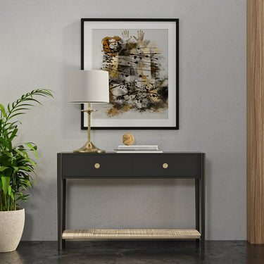 Cleo Console Table - Charcoal Gray/Wicker