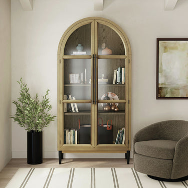 Orion Arched Glass Door Cabinet - Weathered Oak