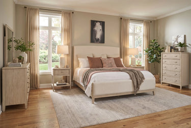 Carmella Upholstered Panel Bed - Pebble Oak Finish